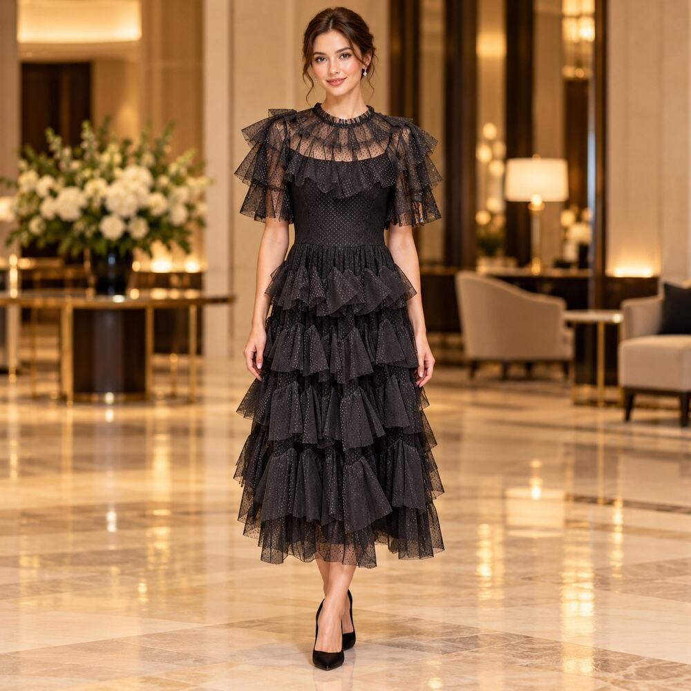 Needle & Thread Black Tulle Tiered Ruffle Midi Dress Size US 8 Gothic Romance